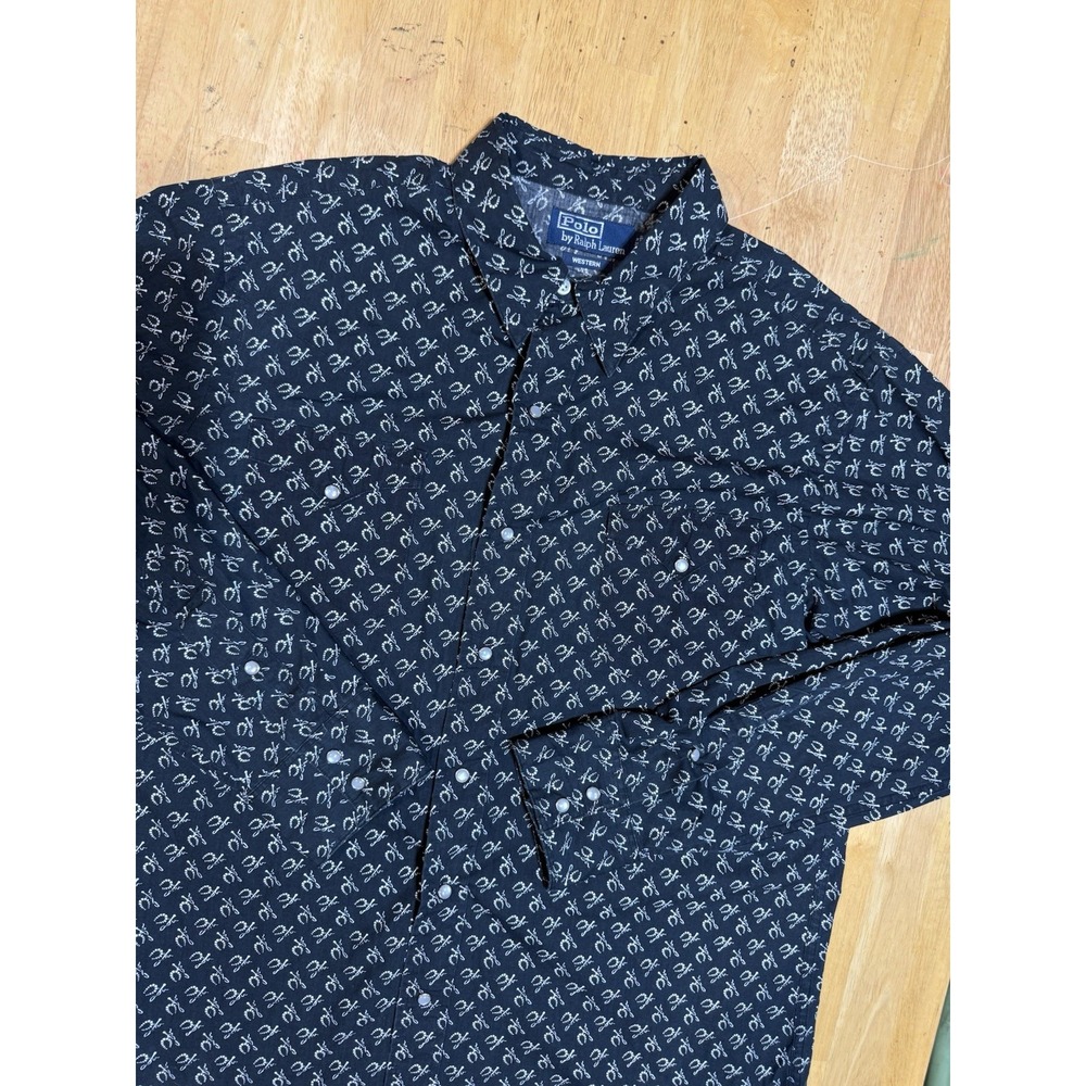 Polo Ralph Lauren Western Shirt Mens L Black Rope Horseshoe Print Pearl Snap